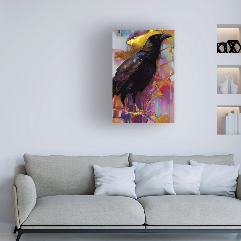 Corbeau avec rose et or sur toile