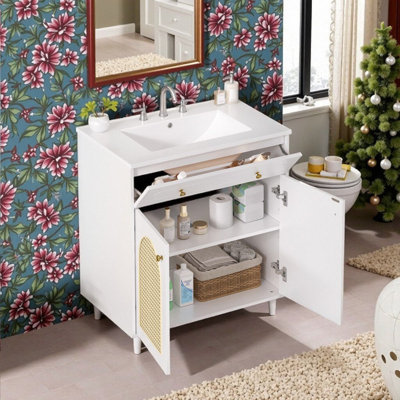 Meuble-lavabo en bois massif et cadre en panneau de fibres à densité moyenne 30 po avec lavabo en céramique