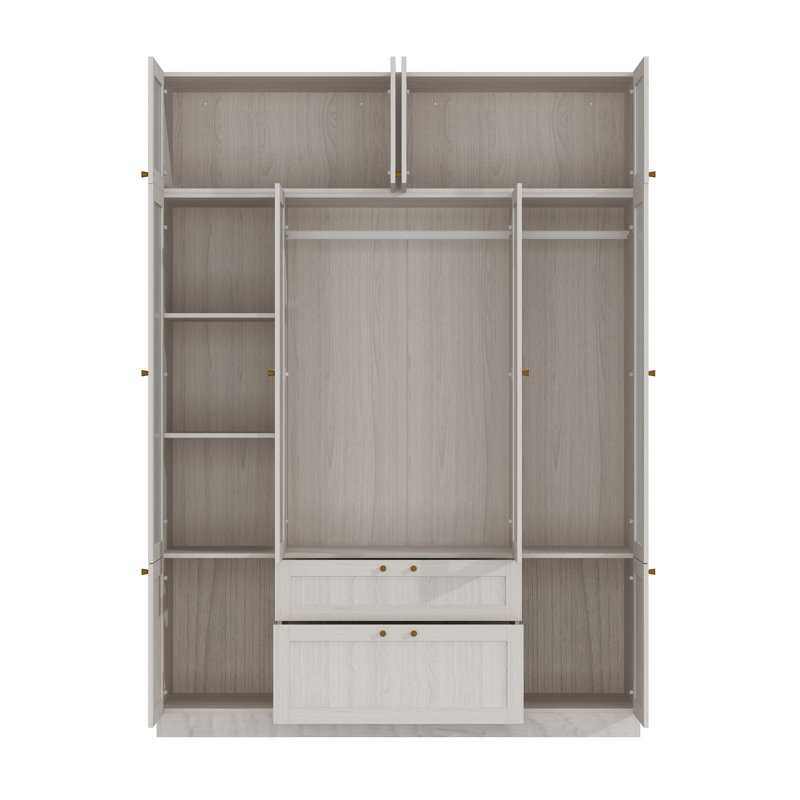 Élégante garde-robe à 4 portes avec panneaux de verre givré, poignées en laiton et grand espace de rangement - tablettes réglables et grands tiroirs pour une organisation moderne