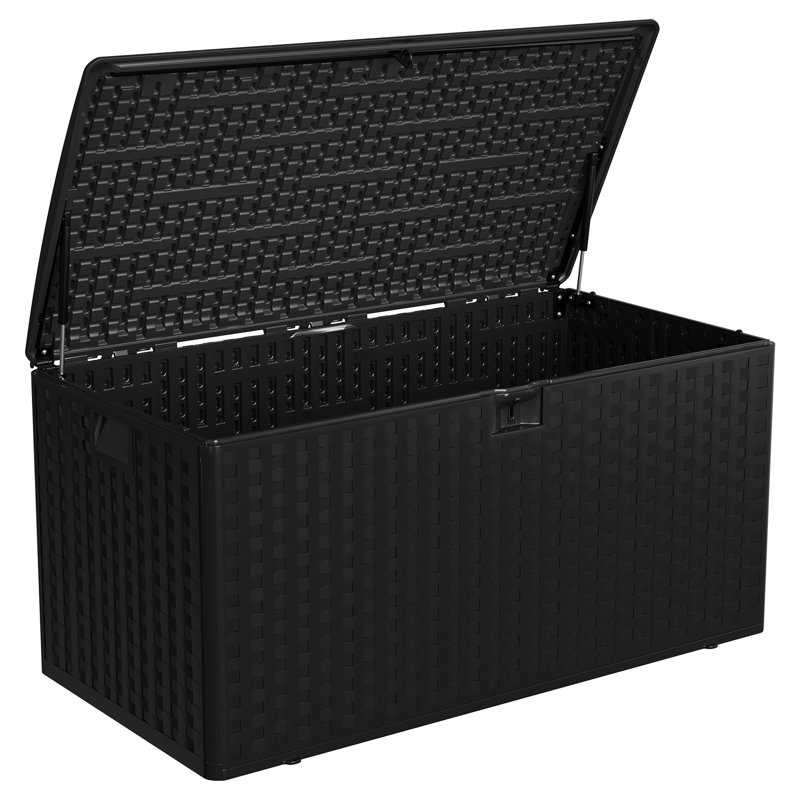 99 Gallon Brown Resin Outdoor Deck Storage Box - Waterproof & Lockable Bench with Gas Struts - UV-Resistant Rattan Texture for Cushions, Garden Tools, Pool Accessories