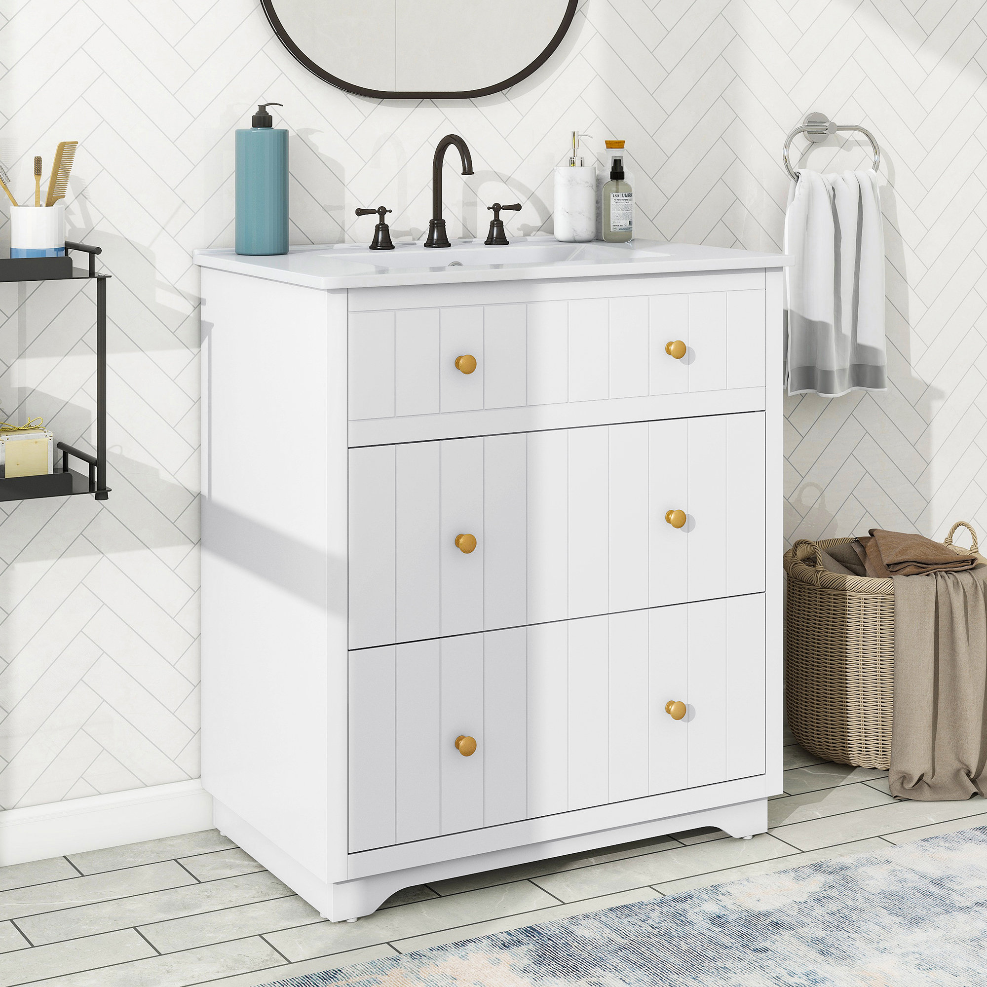 Everly Quinn Aegeus 30-Inch Modern White Bathroom Vanity Cabinet with Three Drawers, Single ...