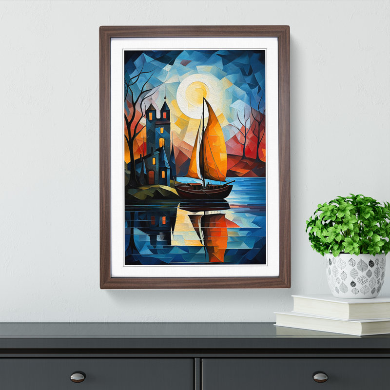 Boat on a Lake Cubism Art - Framed Print, Walnut Framed, 64cm H x 46cm W x 2cm D