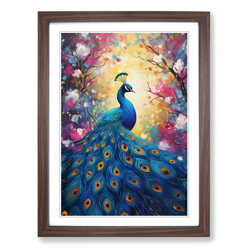 Peacock Impressionism No.2 - Single Picture Frame Print on Wood, 64cm H x 46cm W x 2cm D, Walnut Framed