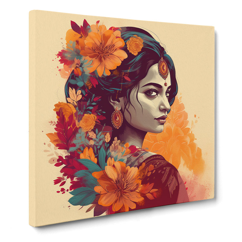 Indian Woman Floral - Wrapped Canvas