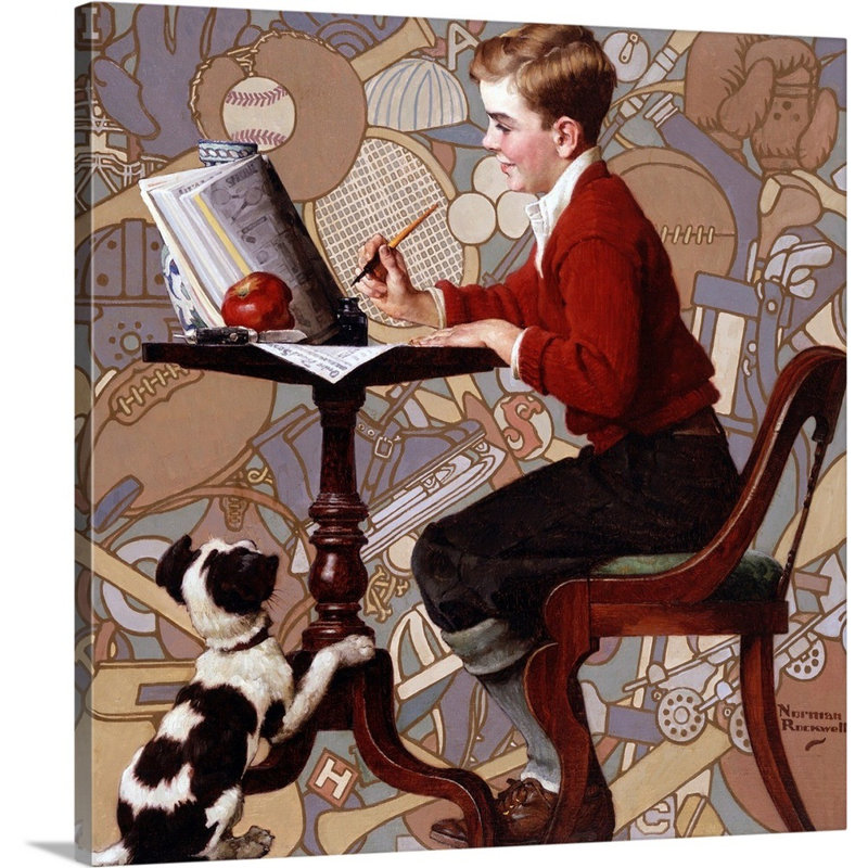 Garçon lisant un catalogue sur toile Sears, H 12 po x l 12 po x P 1,25 po, Toile tendue