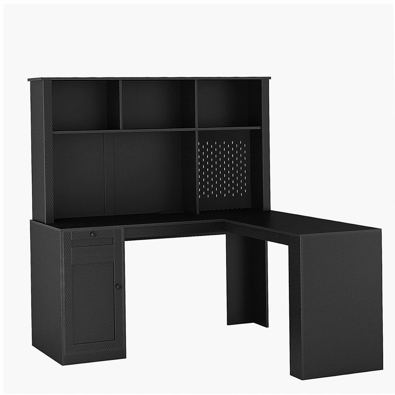 Bureau en L avec chargeur, bureau d'ordinateur avec tiroirs, bibliothèque, bureau d'angle moderne, bureau à domicile, bureau d'écriture en L, bureau d'ordinateur en fibre de carbone avec rangement, noir