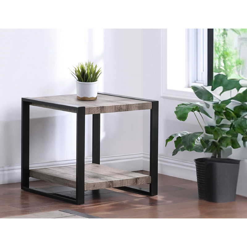 Table de bout rustique moderne avec double tablette de rangement de couleur brune