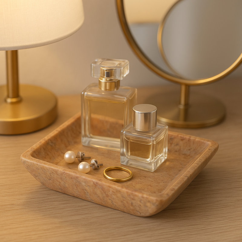Creative Home Natural Champagne Marble Boat Shaped Candle Holder Tray Accessory Organize Tray Bathroom Countertop Organizer