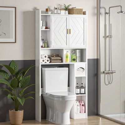Over The Toilet Storage Cabinet in White, Adjustable Shelves & Toilet Paper Holder Stand, Freestanding Space-Saving Storage for Bathroom, Restroom and Laundry Room