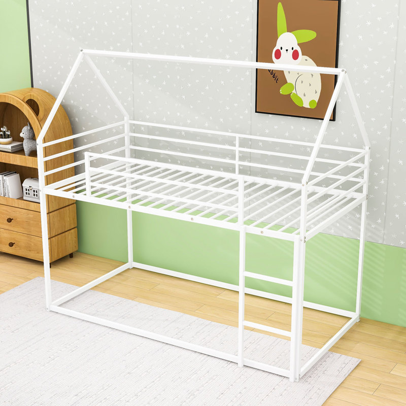 Twin Over Twin Metal House Bunk Bed With Convertible Ladder And Guardrails, White