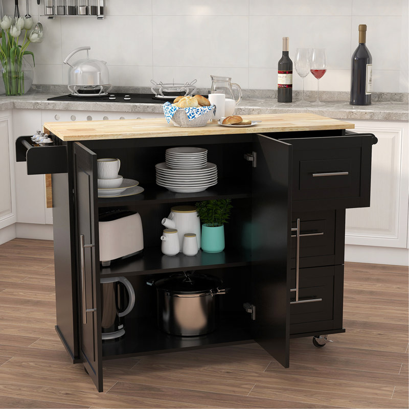 Îlot de cuisine avec support à épices, porte-serviettes et plateau de table en bois massif extensible, Noir