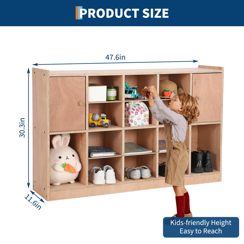 Wall-Mounted Storage Cabinet 47x11x30 Inch with 12 Cubbies, 2 Doors, 5 Hooks, Anti-Tip Kit, 4 Castors & 2 Storage Boxes for Home Office Playroom