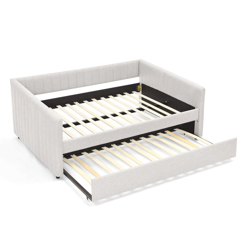 Yamit Daybed With Trundle Upholstered Sofa Bed, With Vertical Stripes, Linen Fabric, Beige, Full/Double