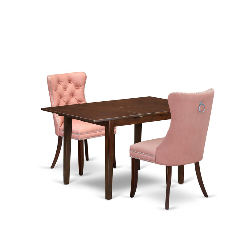 3 Piece Kitchen Set Consists of a Rectangle Dining Table with Removable leaf and 2 Upholstered Chairs, Mahogany, Beige