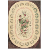 1880s Traditional Beige Antique Roses Folk Art American Hooked Knotted Wool Rug