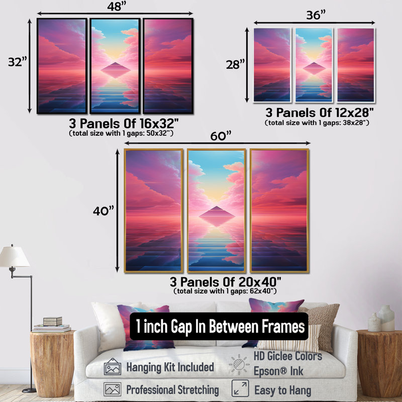 «Pink Diamond Horizon», ensemble d'art mural paysage abstrait, Encadrement argenté, H 40 po x l 60 po x P 1 po