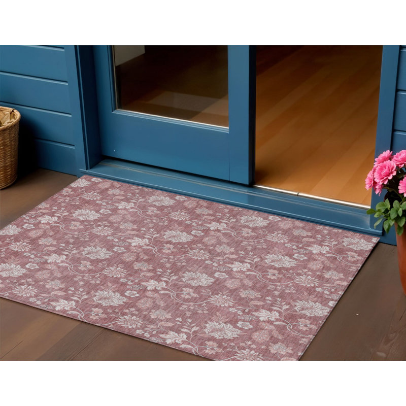 3' X 5' Blush Pink And Mauve Floral Washable Indoor Outdoor Area Rug