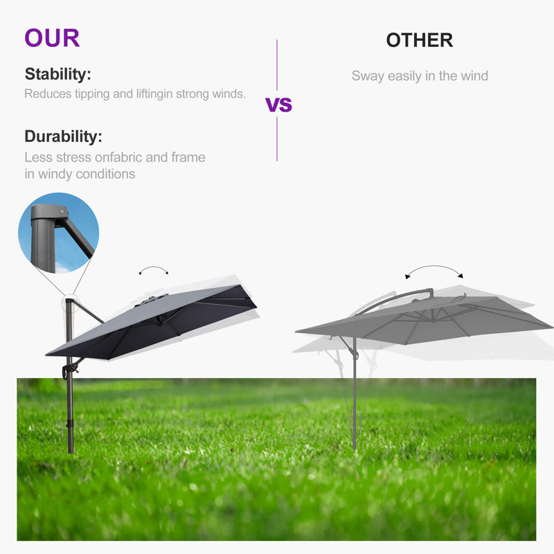9' Square Medium Cantilever Umbrella with Base and 360-degree Rotation, Grey