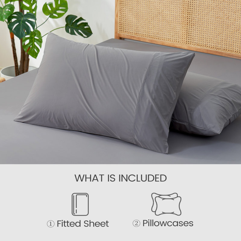 Cooling Fitted Sheet Set With 2 Pillowcases, 3PCS Breathable Sheet Set with Deep Pocket For Hot Sleepers, King, Dark Gray