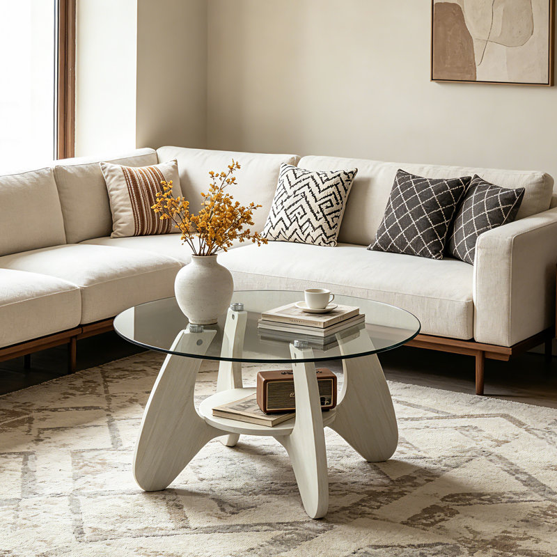 31.5" Glass Coffee Table for Living Room, 2-Tier Wood Accent Center Table with Open Storage, White
