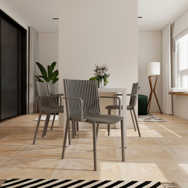 Table moderne blanche de 55 pouces avec 4 fauteuils empilables gris chaud - résistance aux intempéries, assemblage rapide, protection de forme 4, structure en métal, position assise confortable