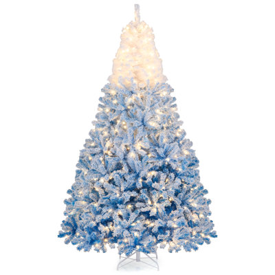 8 FT Artificial Christmas Tree with 470 Warm White LED Lights, 8 Lighting Modes & Folding Metal Stand White & Blue