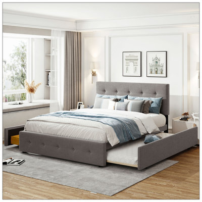 Lit plateforme tapissier avec tête de lit classique et 4 tiroirs, aucun sommier nécessaire, tissu en lin, grand
