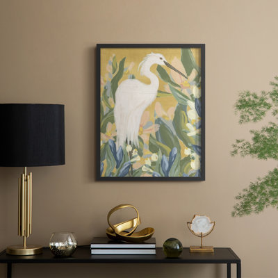 Floral Egret II Framed Print - Solid Wood