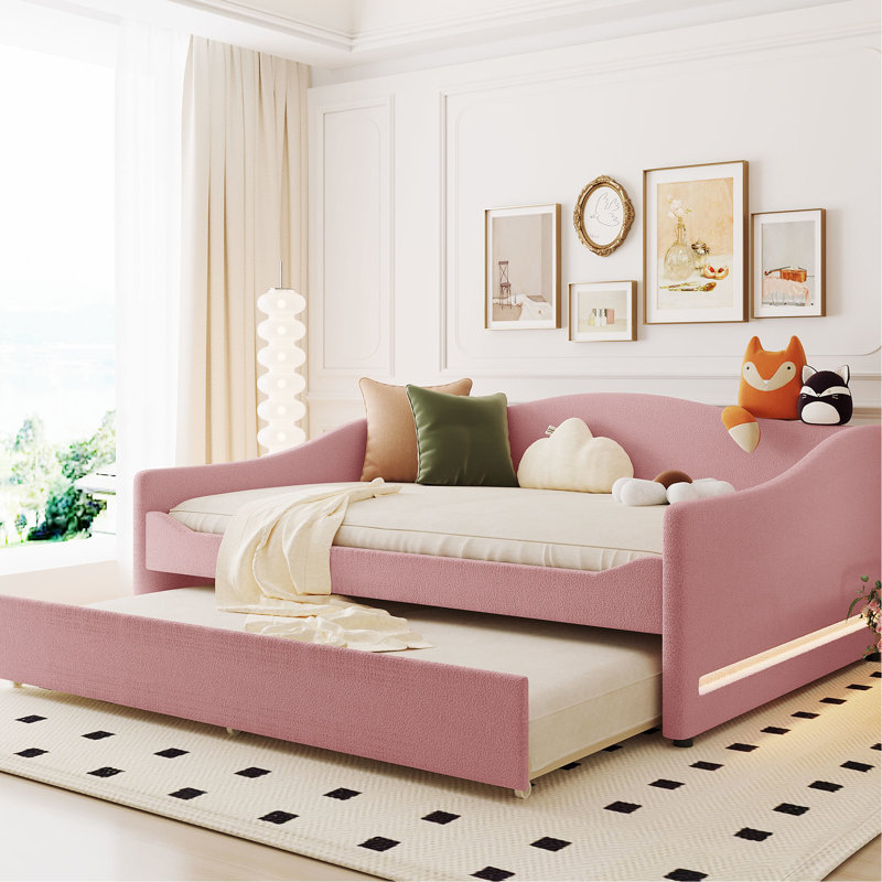 Lit de jour rembourré avec couchette en rose, Full, Pink