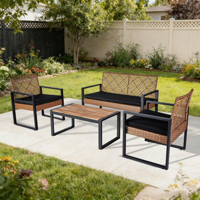 Ensemble de conversation de patio en osier 4 pièces avec table basse
