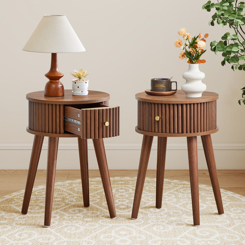 Table de bout ronde avec pieds en bois massif, Noyer