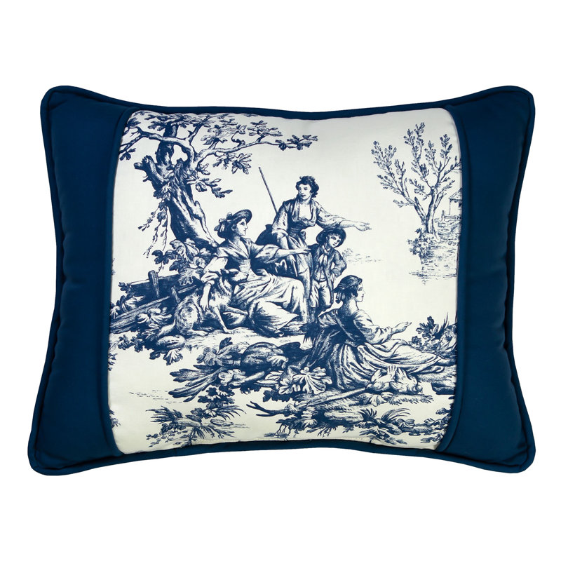 Bouvier Blue Traditional Cotton Toile Breakfast Pillow with Accent Bands