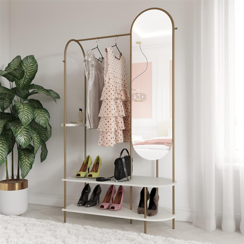 White and Gold Metal Valet Stand with Mirror
