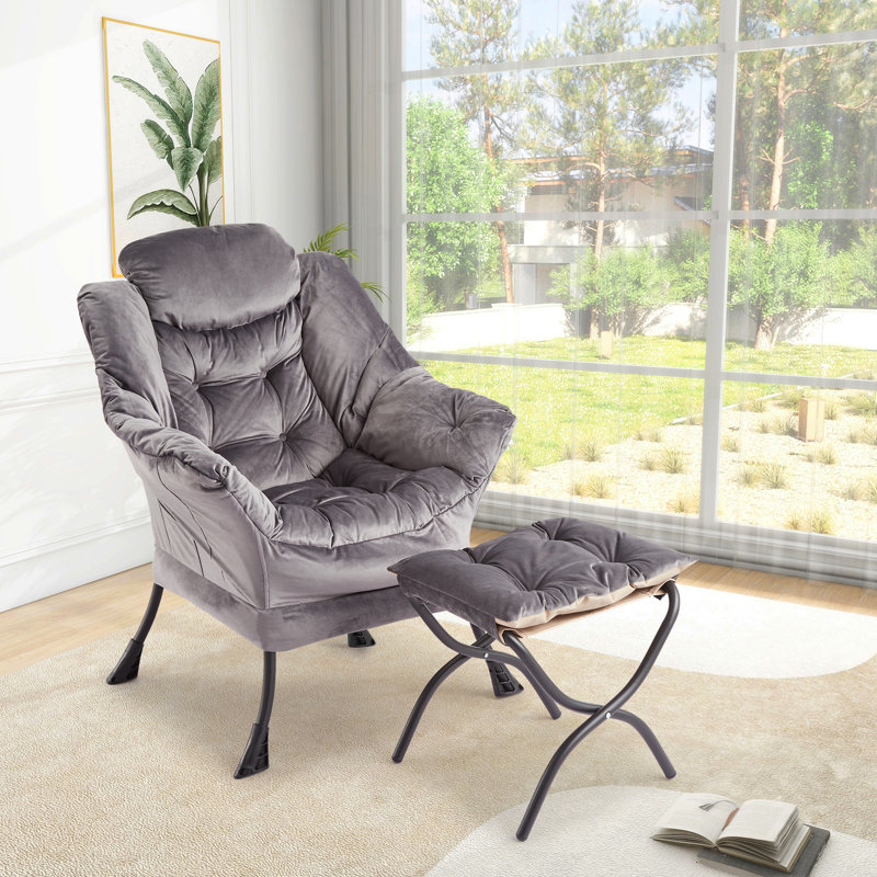Lazy Chair with Ottoman, Comfortable Reading Chairs with Foldable Footrest for Living Bedroom with Armrests & a Side Pocket