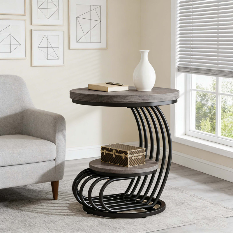 Table de bout à 2 niveaux avec tablette en faux marbre, Gris