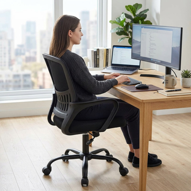 Ergonomic Mesh Task Chair with Fixed Arms, Black, Black