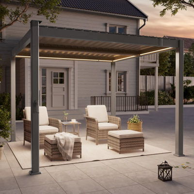 LED Lighted Full Aluminum Louvered Pergola with Adjustable Rainproof Roof & Drainage System, All-Weather Heavy Duty Outdoor Patio Pergola, Shade Structure for Backyard Deck Garden Pool Lawn Porch