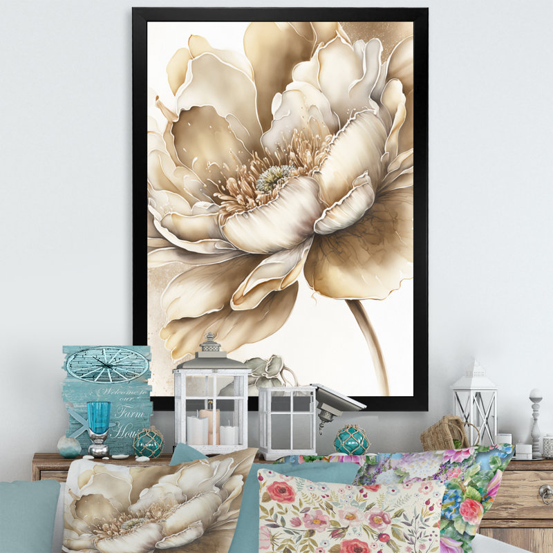 Indigold Beige Flower IV - Art mural sur toile floral et botanique, H 20 po x l 12 po x P 1 po, Cadre noir