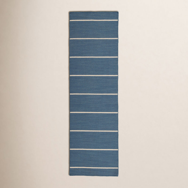 Tapis bleu / crème en laine tissé à plat à la main Creekmont, Tapis de couloir 2 pi 6 po x 8 pi