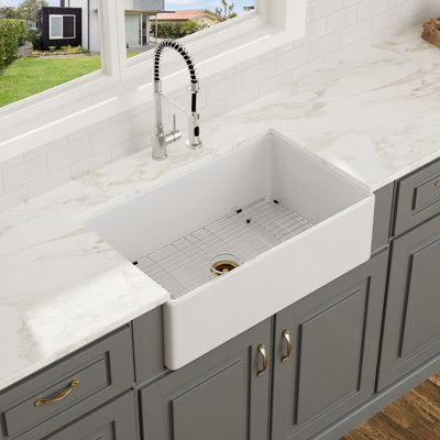 30" L x 18" W Undermount Ceramic Kitchen Sink White Ceramic Kitchen Sink with Grid and Strainer