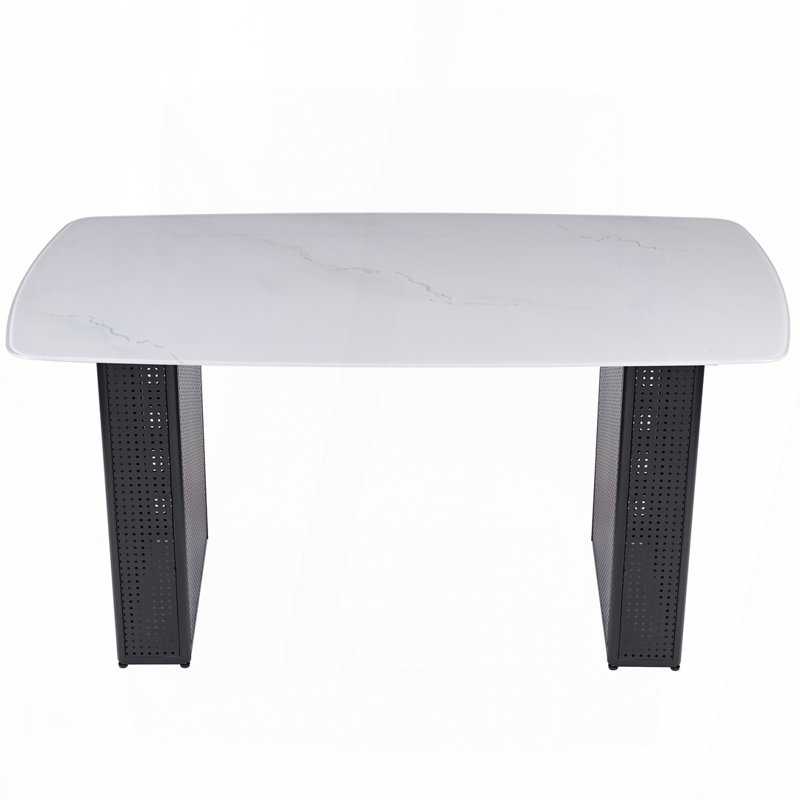 Table de salle à manger rectangulaire moderne en verre trempé avec motif en marbre, Blanc/Noir