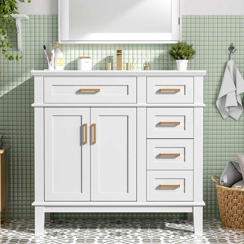 36-Inch Modern Bathroom Vanity With Ceramic Sink, Cabinet With Four Drawers, White