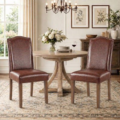Stylish Upholstered Parsons Dining Chair PU Faux Leather With Silver Nailhead Trim And Sturdy Solid Wood Legs