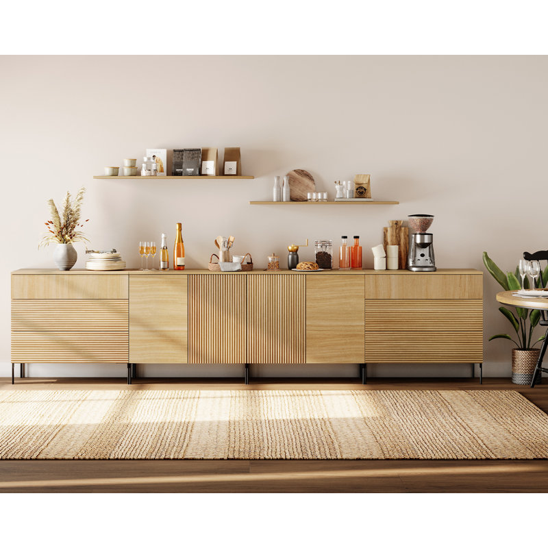 126" Modern Reeded 4-Door Sideboard With Drawers, 4-In-1 Wooden Credenza Storage Cabinet For Kitchen, Dining Room, Oak