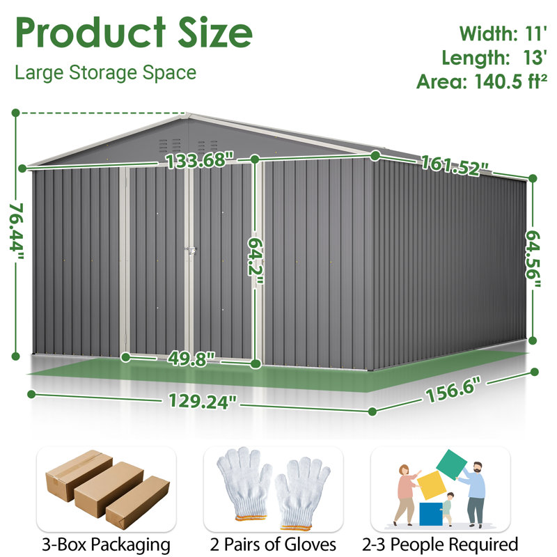 Très grande remise rectangulaire en métal 13 pi x 11 pi avec structure de plancher, brun