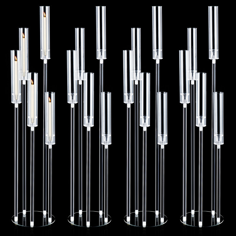 4Pcs 45.7''Tall 5 Arm Acrylic Candelabra Centerpieces for Tables, Clear Candle Holder for Wedding, Floor Candelabro Holders for Ceremony Birthday Party Home Decoration Fit 0.8 LED Candles(No Candle)