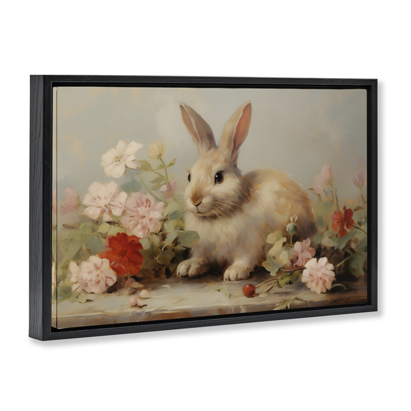 Easter Bunny with Flower Bundles  Floater Canvas Wall Art, design by Arlington Prints, Jet Black Floater Frame, 17" H x 25" W
