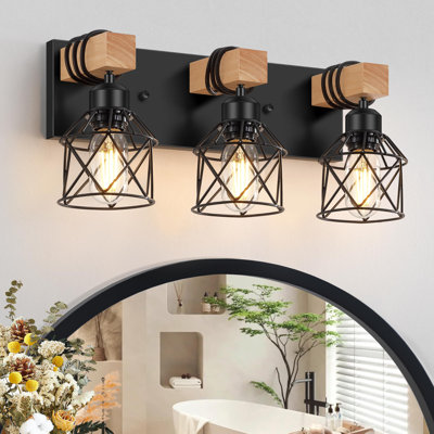3-Light Farmhouse Vanity Light For Bathroom, Wood Bathroom Light Fixtures Over Mirror, Industrial Black Vanity Light With Metal Lampshade