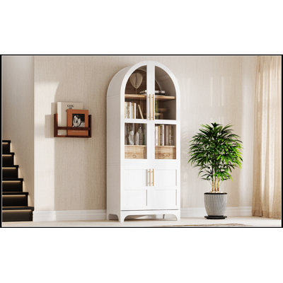 Tall Arched Kitchen Pantry Cabinet With Door Shelves, Farmhouse Storage, Open & Adjustable Shelves, Hidden Drawer, Glass Door