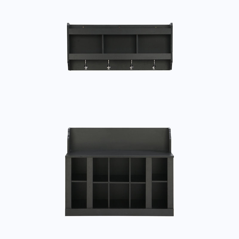 Shoe Storage Bench with Shelves and 4 Hooks, Black